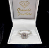 4 Claw Cushion Cut Diamond Ring with Diamond Halo & Shoulders