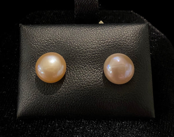 9ct Yellow Gold Pink Button Fresh Water Pearl Studs