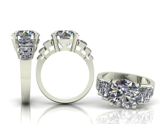 4 Claw Brilliant Cut Diamond Ring with 6 Radiant Cut Diamonds