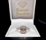 4 Claw Emerald Cut Diamond Ring with Diamond Halo & Shoulders